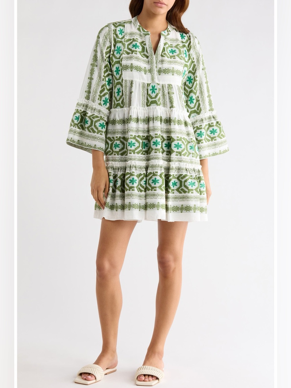Elan Tiered White and Green Embroidered Mini Dress